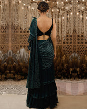 Load image into Gallery viewer, The Shimmering green ruffle sari
