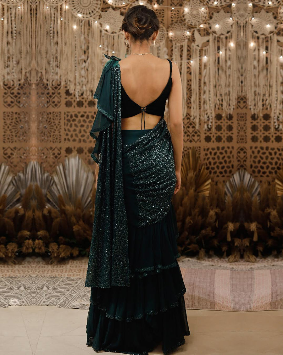 The Shimmering green ruffle sari
