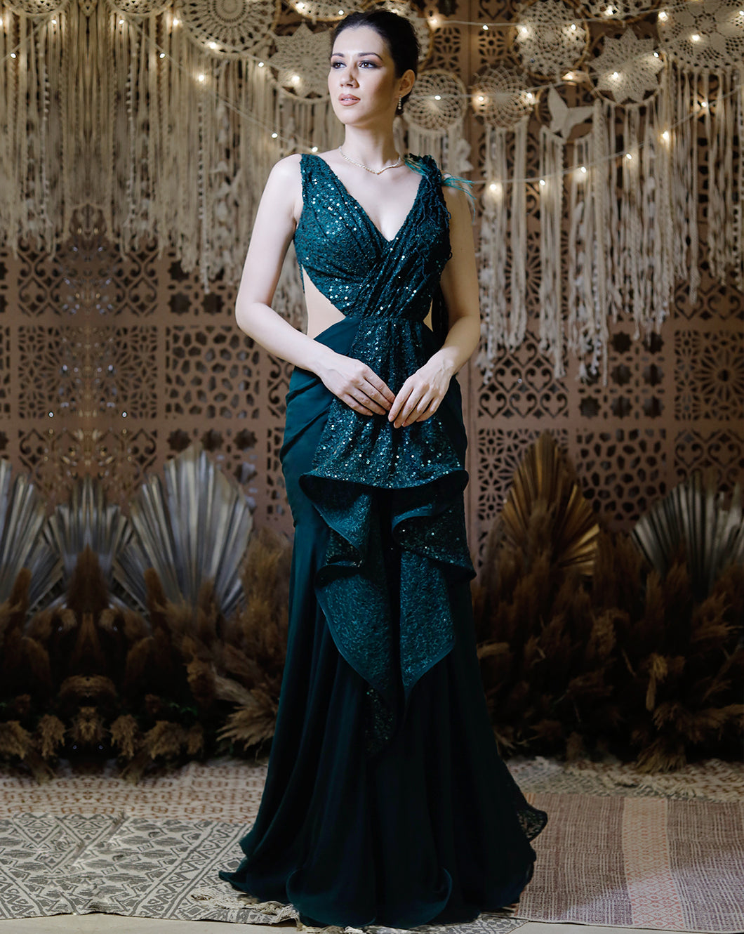 The Shimmering green gown sari