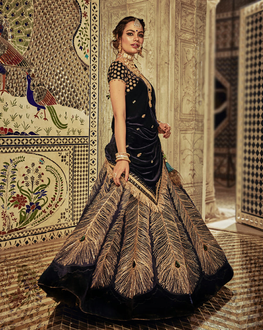 The Midnight Blue Peacock Lehenga - Archana Kochhar India