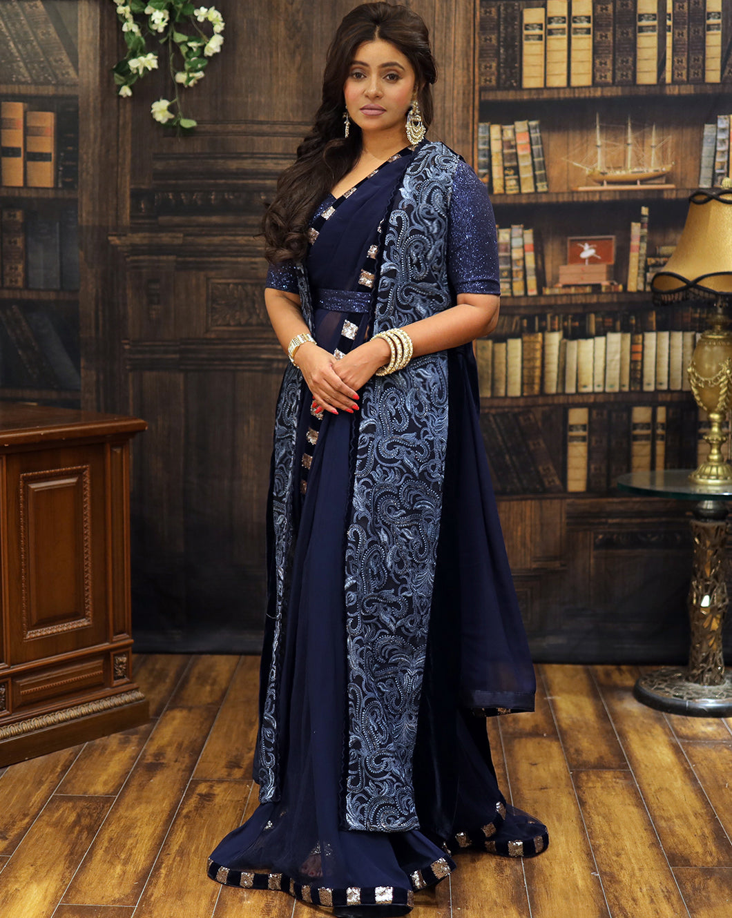 Navy Blue Jacket Sari