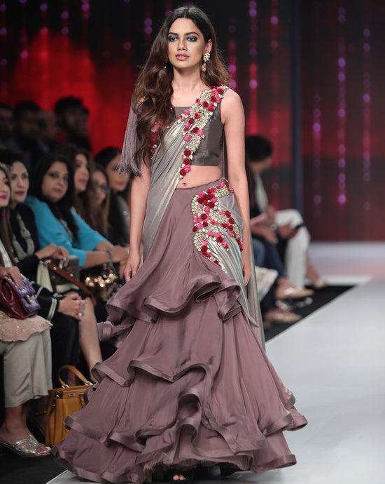 Grey Layered Sari-Lehenga - Archana Kochhar India