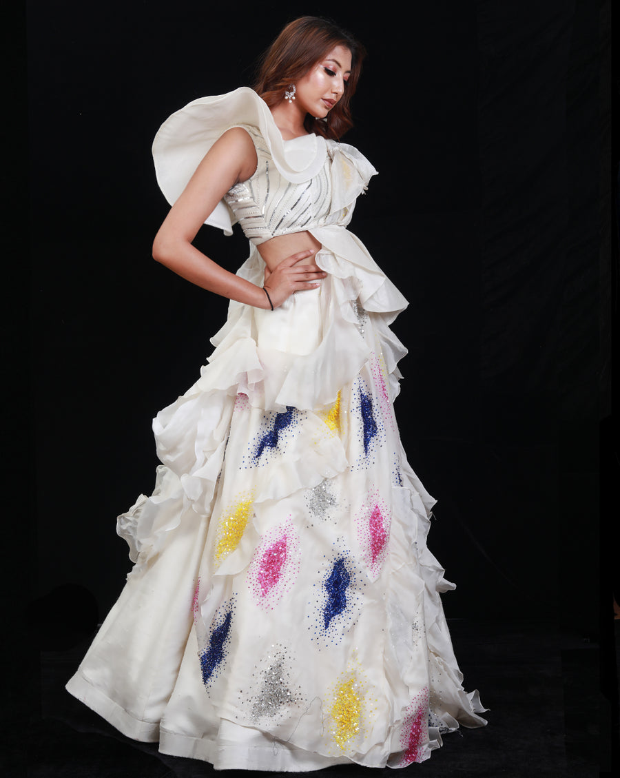 The Synchronized Scintillation Drape Lehenga