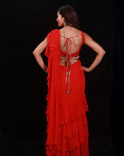 Load image into Gallery viewer, The Shimmering Rouge Ruffle Sari
