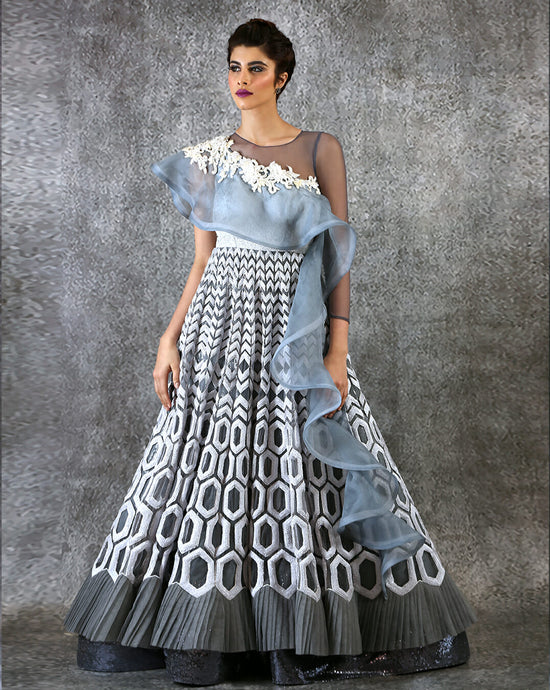 Grey Ruffle Contemporary Anarkali - Archana Kochhar India