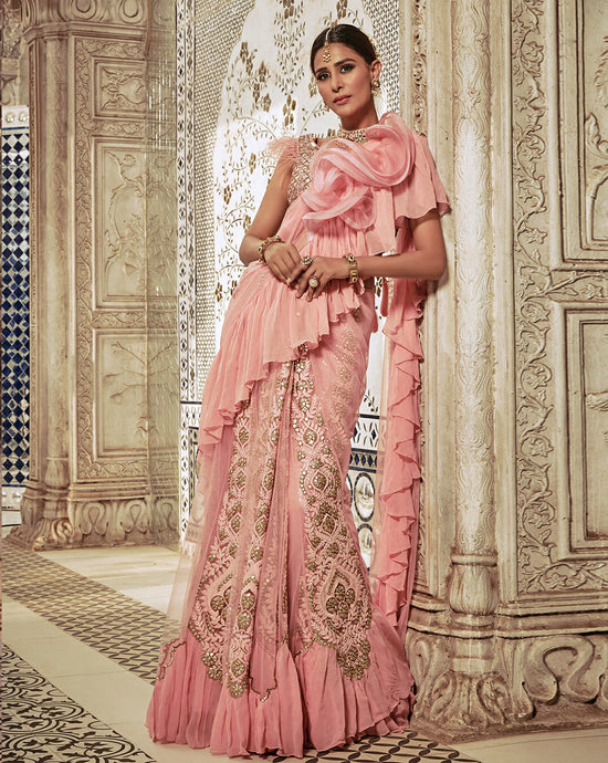 Powder Pink Ruffle Sari - Archana Kochhar India