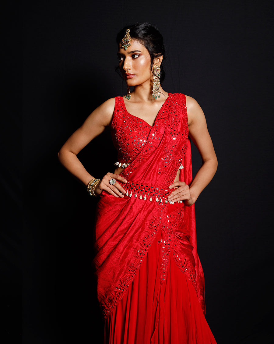 The Shimmering Rouge Drape Sari