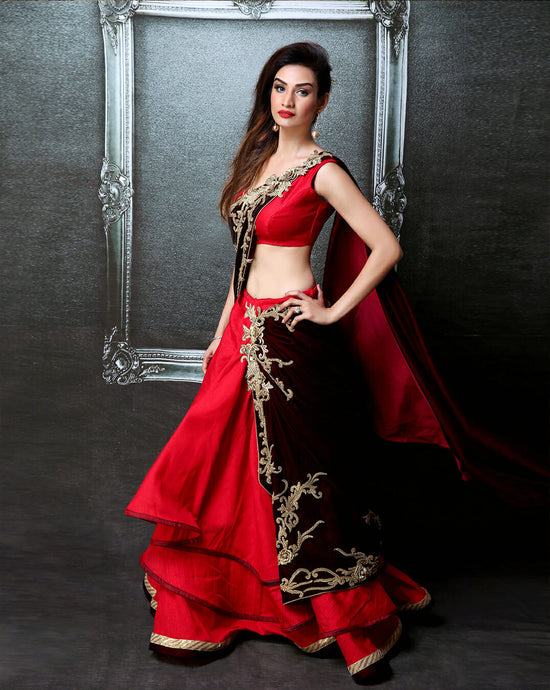 Red Layered Sari-Lehenga - Archana Kochhar India