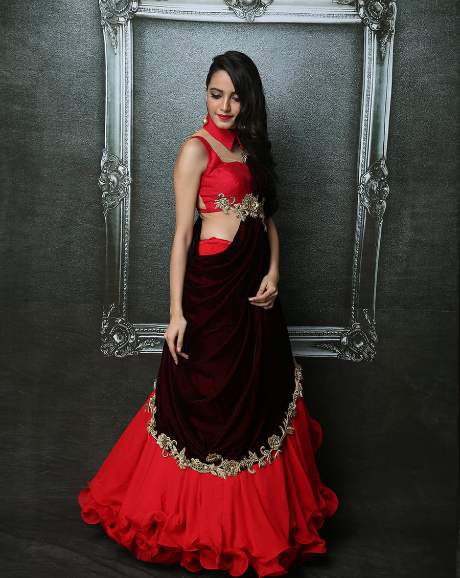 Maroon Ruffle Sari-Lehenga - Archana Kochhar India