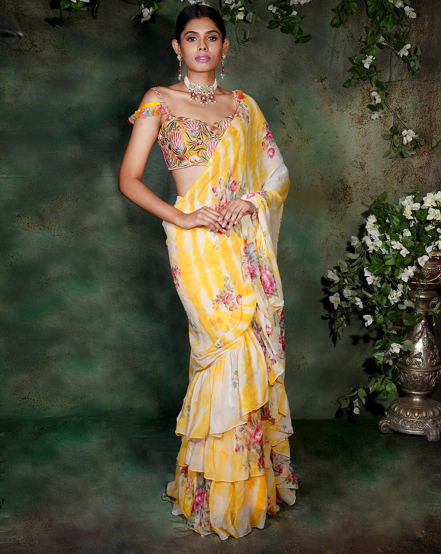 The Yellow Floral Ruffle Sari