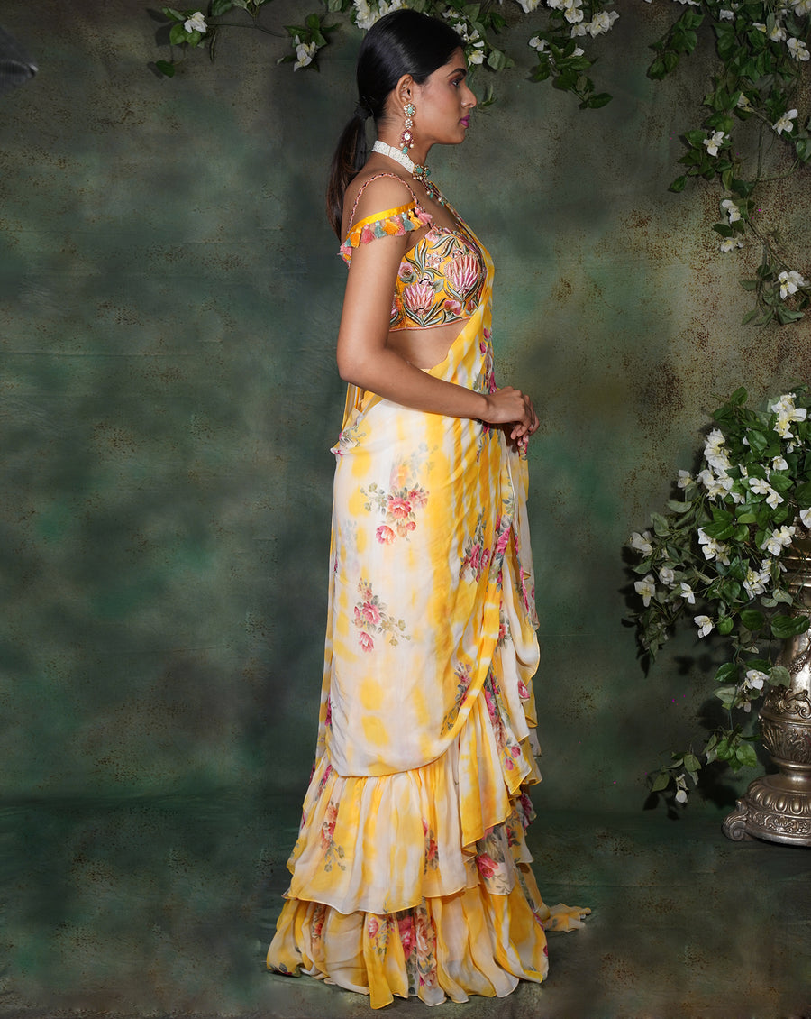 The Yellow Floral Ruffle Sari