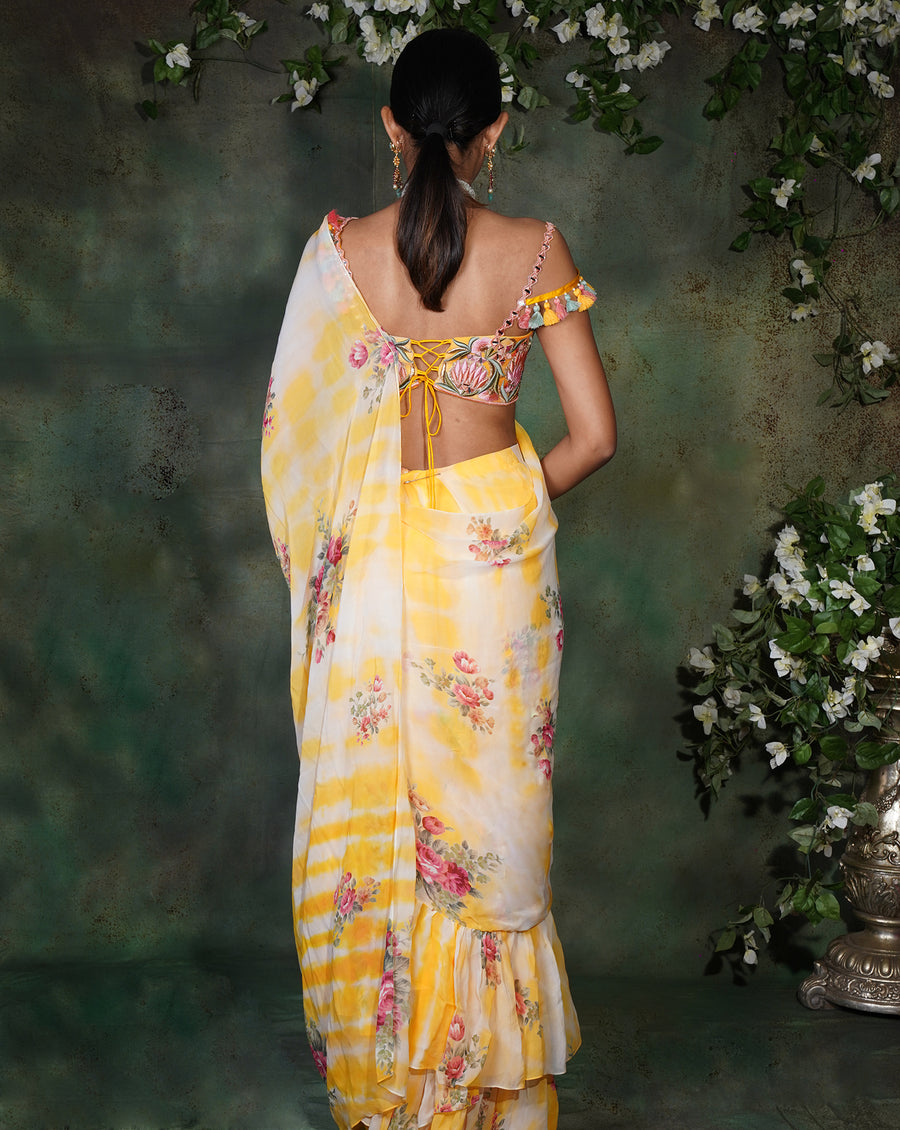 The Yellow Floral Ruffle Sari
